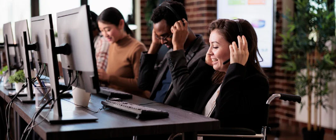 outbound call center team handling business calls in office environment
