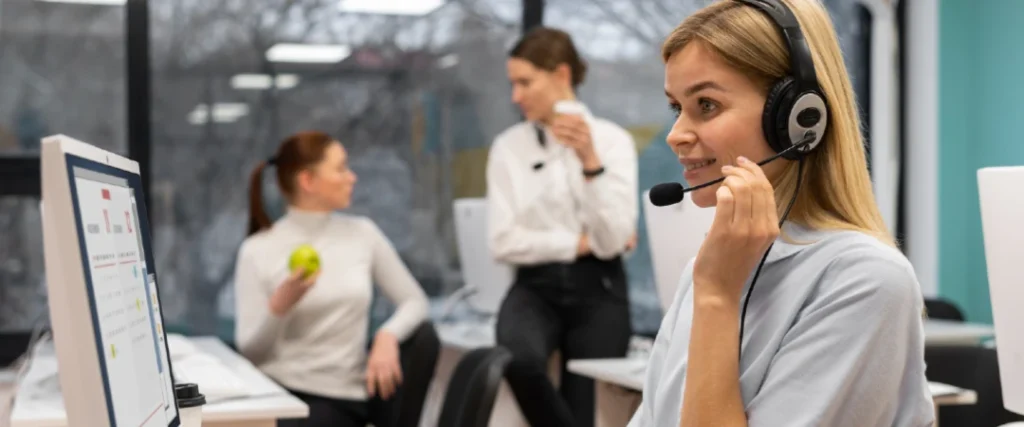 Banking call center agent providing customer support for secure financial services and account assistance