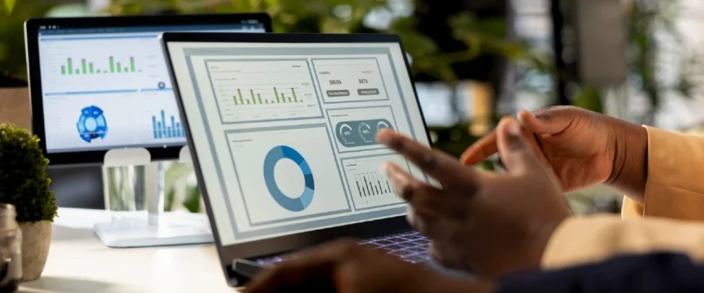 Nearshore data annotation team analyzing AI training data and performance dashboards for machine learning projects.