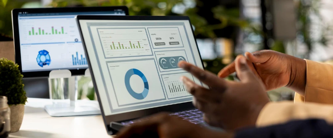 Nearshore data annotation team analyzing AI training data and performance dashboards for machine learning projects.