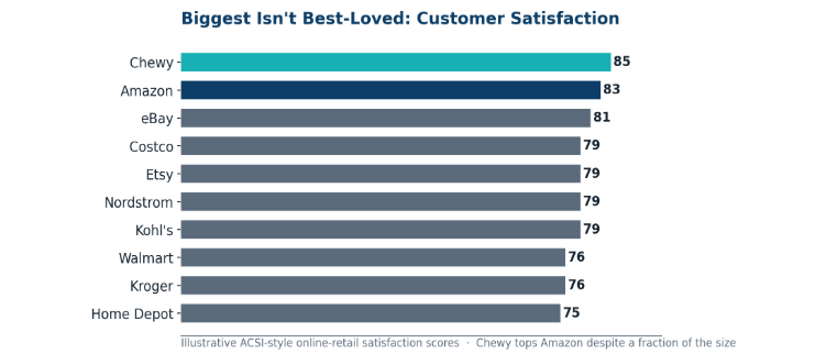 Horizontal bar chart comparing customer satisfaction scores among leading U.S. eCommerce companies, with Chewy ranking highest at 85, followed by Amazon (83), eBay (81), Costco (79), Etsy (79), Nordstrom (79), Kohl's (79), Walmart (76), Kroger (76), and Home Depot (75).