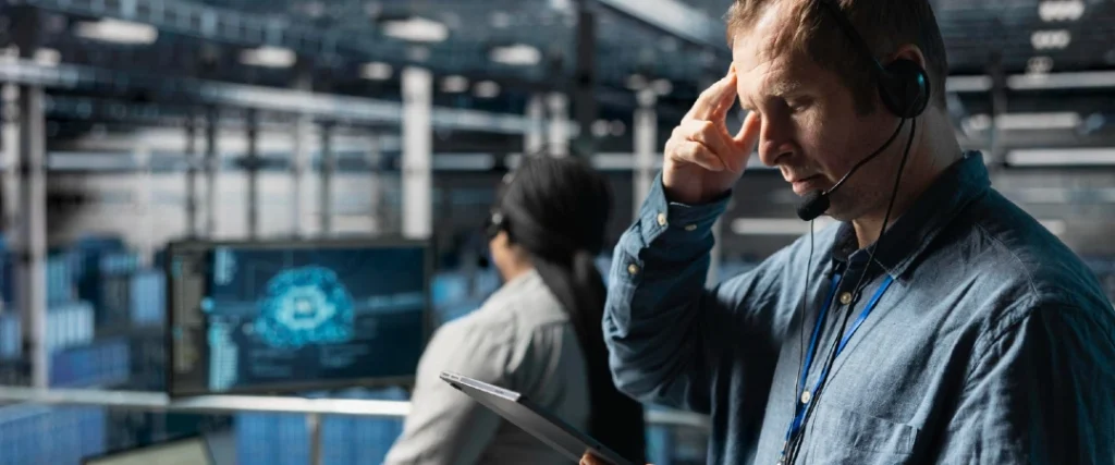 Telecom support professional monitoring network operations and customer service performance