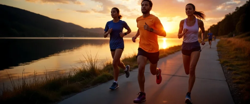 People jogging outdoors along a lakeside trail, representing health and wellness engagement and active lifestyles.