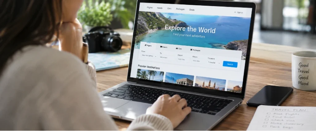Traveler booking a trip online on a laptop