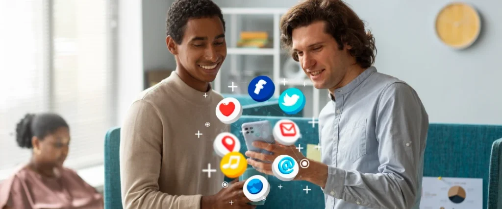 Customer service team discussing social media messages on a smartphone