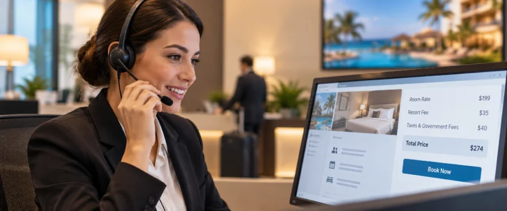 Hotel reservation agent reviewing room rates and mandatory fees during a guest booking