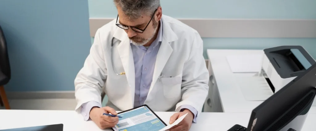 Healthcare professional reviewing patient health plan documents at a desk